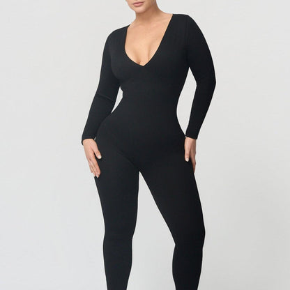 Shaping jumpsuit with V-neckline