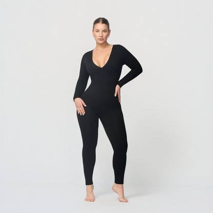 Shaping jumpsuit with V-neckline
