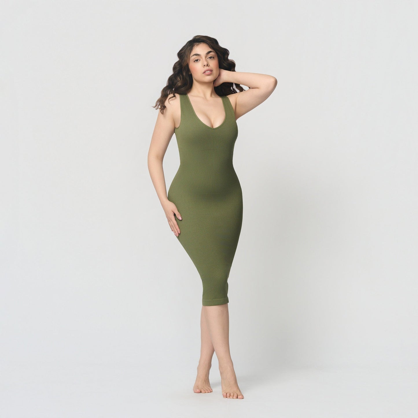 Seamless shaping dress with deep V-neckline